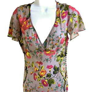 JAEGER 100% Silk Pink Floral Short Sleeve Long Dress Lined V-neck UK 12 US 10